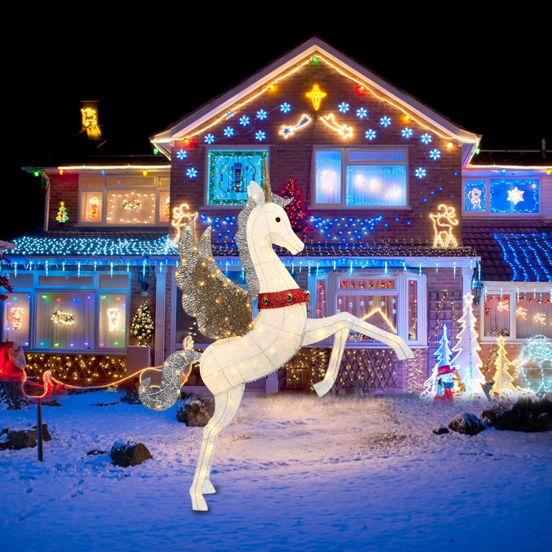 The Holiday Aisle 4.7FT Outdoor Christmas Unicorn Decoration Weatherproof Pegasus With 140 LED Lights Includes Stakes Zip Ties Ideal For Indoor Outdoor Holiday Decor Wayfair